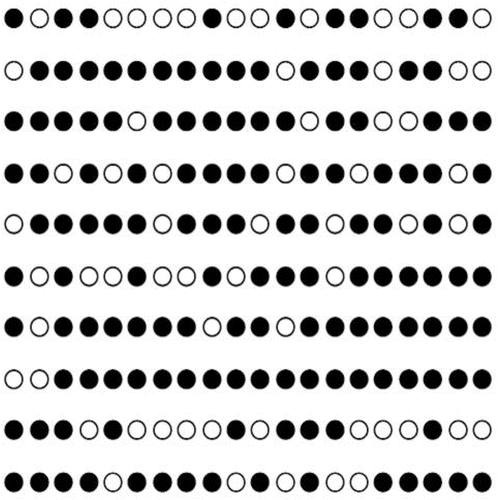 Figure 1. Sequence of 200 consecutive basketball free-throws by a single shooter. Black circle = success, open circle = failure. Sequence begins at upper left, and each row is read from left to right.