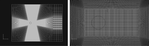 Figure 5. Grid plane perpendicular to the spanwise direction: entire view (left) and partial magnification near the cylinder (right).