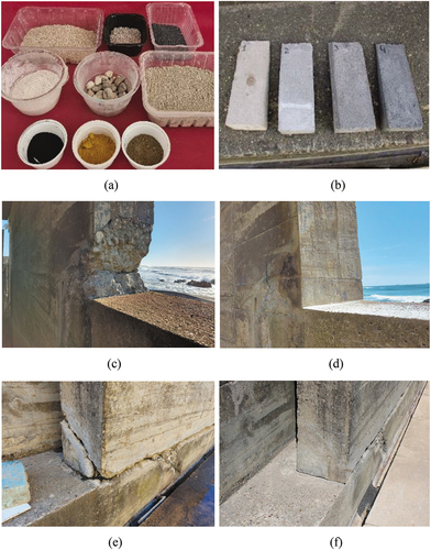 Figure 20. Pilot demonstration of concrete repair: a) Aggregates and pigments for repair mortar; b) Samples for concrete repair (4 of 10); c) R1 before and d) after concrete repair; e) R2 before and f) after concrete repair.