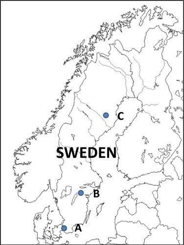 Figure 1. Location of the three rainfall observation sites in Sweden: (A) Malmö, (B) Norrköping, and (C) Petisträsk.