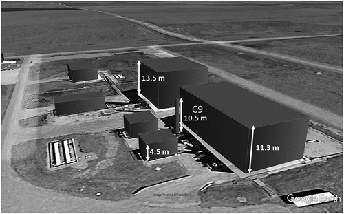 Figure 5. Google image of the showing key dimensions of major buildings and stack for the Balko compressor station database. The main emitting stack location (C9) is also shown.