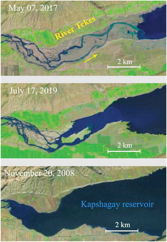 Figure 2. Examples of LANDSAT images (resolution 30 m) with different coastline positions. Fragment of Kapshagay reservoir (River Tekes, Xinjiang China) with different water levels. LandsatLook Natural Color product from (https://glovis.usgs.gov/app)