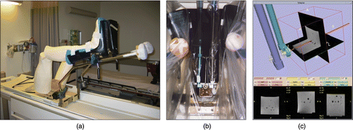 Figure 5. Phantom experiments: (a) scale models of legs and PVC prostate phantom with embedded targets; (b) patient model and robot placement inside the scanner with sterile draping; (c) needle trajectories are interactively specified in the planning environment. [Color version available online.]