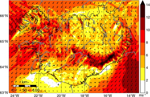 Fig. 6 Simulated 10-m wind speed [ms−1] and wind vectors at a horizontal resolution of 3 km (NO), as well as observed 10-m winds at automatic weather stations (numbers and barbs, 2.5 ms−1 each half barb), at 1200 UTC on 15 July 2009.