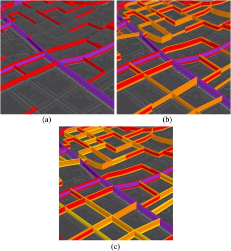 Figure 15. STC at traffic roads – only roads emitting over 75 dB (a), over 65 dB (b) and over 55 dB (c).