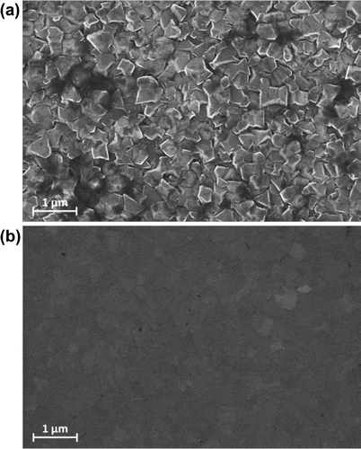 Figure 1. SEM images of the (a) as-grown and (b) 14-hour polished film. The as-grown film had clearly defined grains of average size ∼280 nm. The surface roughness was 44.0 nm RMS in (a) and 1.5 nm RMS in (b).