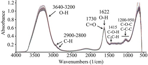 Figure 2. FT-MIR spectra of the ten strawberry cultivars at seven ripeness stages.Figura 2. Espectros FT-MIR de los diez cultivares de fresa en siete etapas de madurez.