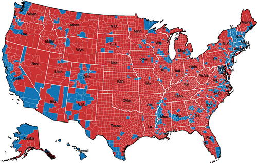 Fig. 4 Choropleth plot, 2020 presidential election by county.Note: This choropleth map shows the 2020 Presidential election results by county. Each county is shown using the Albers projection.
