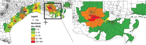 Figure 6. Site-specific plant locations and high noncancer hazard index areas.