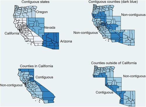 Figure 1. Counties in California and contiguous states: Oregon, Nevada and Arizona.
