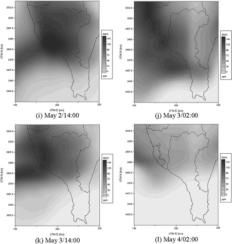 Figure 9. Spatial distribution of PM10 concentration simulated by CAMx over the coastal region of southern Taiwan during the intensive sampling periods (x- and y-axis legends are UTM in kilometers): (a) August 16 at 2:00 p.m., (b) August 17 at 2:00 a.m., (c) August 17 at 2:00 p.m., (d) August 18 at 2:00 a.m. (e) November 2 at 2:00 p.m., (f) November 3 at 2:00 a.m., (g) November 3 at 2:00 p.m., (h) November 4 at 2:00 a.m. (i) May 2 at 2:00 p.m., (j) May 3 at 2:00 a.m., (k) May 3 at 2:00 p.m., and (l) May 4 at 2:00 a.m.