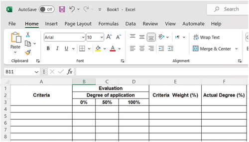 Figure 3. Microsoft Excel checklist for evaluation and classification of CDW recycling facilities.