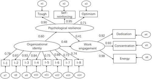 Figure 1 Structural equation model of nurses’ organizational identity, psychological resilience and work engagement.