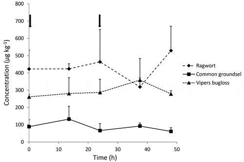 Figure 4. Total PA concentrations in faeces of dairy cows at days 3 and 4. Animals were treated in the morning on days 1, 2, 3 and 4 (relevant time points of administration are indicated with arrows) with 200 g of ragwort mixture, common groundsel or viper’s bugloss. Average ± SD for three cows