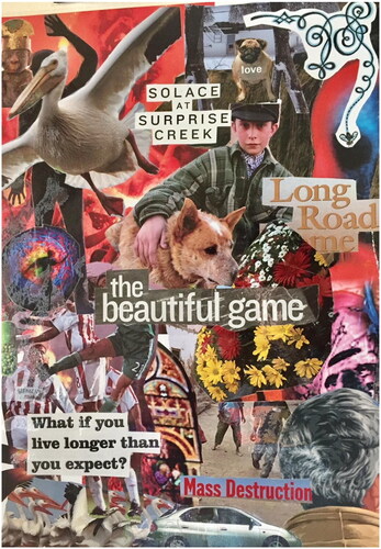 Figure 1. Artwork created by young person during art therapy session prior to discharge. NB: Collage created using mixed media. A young person’s exploration of their hopes, fears, and ambivalence towards impending discharge after struggling with self-harm and suicidal ideation throughout their admission. “love…solace at surprise creek…Long Road Home…the beautiful game…Mass Destruction… What if you live longer than you expect?”