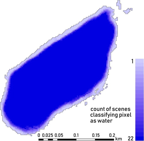 Figure 5. Lake surface area variability during melt season of 2018. Pixel colour shows count of PlanetScope scenes where semi-automated NDWI-calculation resulted in a classification as surface water. Note artefacts along SW shore are most likely produced by strong shading in satellite images. Based on data from planet.com.