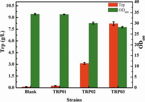 Figure 3. Effect of different modifications on the titer of tryptophan, ‘Blank’ represents strain TRP1.