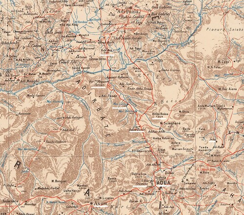 Figure 4. Excerpt from an Italian military map of 1:400,000 (1934). The toponyms of the core study area are underlined in white.