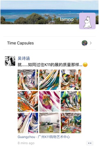 Figure 6. A screen shot of the WeChat Moment audience sharing the Katharina Grosse exhibition. Photo: photographed by the author.