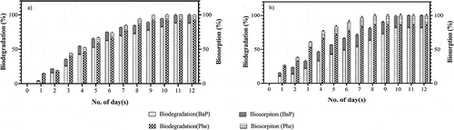 Figure 2. Degradation and biosorption kinetics of 50 ppm spiked phenanthrene (Phe) and benzo (a) pyrene (BaP) in effluent by (a) free fungi and (b) Wood assisted fungal system (WAFS)