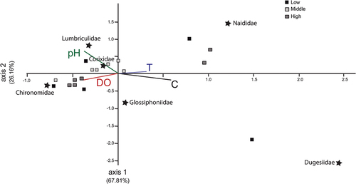 Figure 4. Canonical correspondence analysis (CCA) showing the association among the families present in El Pañe high Andean reservoir in Arequipa, Peru, and the environmental variables considered (vectors). C, conductivity (µS/cm); DO, dissolved oxygen (mg/L); pH; T, temperature (°C).