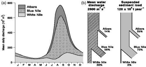 Figure 2. (a) Typical annual flow regime of the Nile River at Aswan and the contributions from the three major tributary basins. (b) The discharge and suspended sediment budget of the Nile (after Woodward Citation2008, with permission from Wiley).