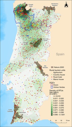Figure 2. The wine regions and Natura 2000 areas most relevant to Kernel density of accommodation units.