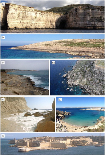 Figure 2. Coastal geomorphotypes: (a) plunging cliff (Dingli Cliff, western coast); (b) sloping coast (Ahrax Point, NE coast); (c) shore platform (St. Peter's Pool, southern coast); (d) scree (Il-Majjistral Park, western coast); (e) cliff (Ras Il-Pellegrin, western coast); (f) pocket beach (Paradise Bay, NW coast); (g) built-up coast (Valletta).