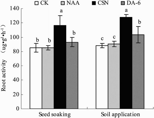 Figure 1. Root activity of drip-irrigated rice as affected by three PGRs and two PGR application methods. Error bars represent SE (n = 3). Different letters within an application method indicate significant differences at p < .05 according to Duncan’s multiple range test. The PGR concentrations were 0.01 mg L−1 NAA, 5 mg L−1 CSN, and 0.5 mg L−1 DA-6 in the seed-soaking treatment and 0.1 mg L−1 NAA, 50 mg L−1 CSN, and 5 mg L−1 DA-6 in the soil application treatment; CK, fresh water.