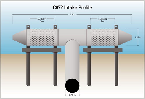 Figure 1. A one-meter diameter, 9.1 m long, cylindrical T screen unit used at the Columbia Generating Station on the Columbia River near Richland, Washington. Screen areas are stippled. The leg of the T carries water to the power station. River flow is from left to right. (profile view; courtesy of Energy Northwest).