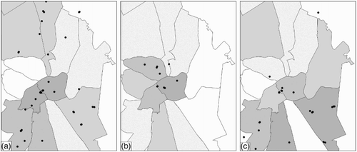 Figure 11. Saint Petersburg: (a) places and areas associated with migrants among local residents; (b) places and areas perceived by local residents as safe; (c) places and areas perceived by local residents as dangerous.