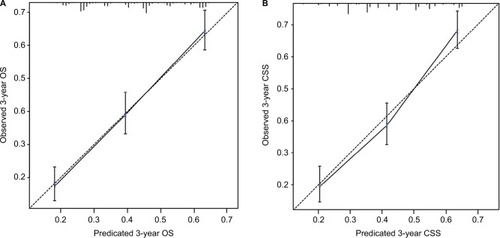Figure 5 Calibration curves of the nomograms for predicting 3-year OS (A) and 3-year CSS (B) in patients with adrenocortical carcinoma.Abbreviations: OS, overall survival; CSS, cancer-specific survival.