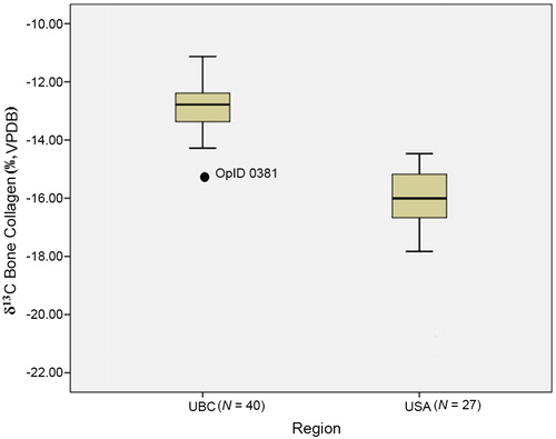 Figure 4. Box-and-whisker plot comparison of bone collagen stable carbon isotope data for a sample of UBC remains from South Texas and a sample of U.S. Americans (partial data set derived from [Citation105], Figure 15.1, P. 179). Box represents the interquartile range (IQR) and whiskers are 1.5 × IQR. Unidentified bone sample (labeled as “OpID 0381”) is more similar to U.S. Americans than other UBC remains. VPDB: Vienna-Pee Dee Belemnite. UBC: unidentified border crosser; USA: U.S. American.