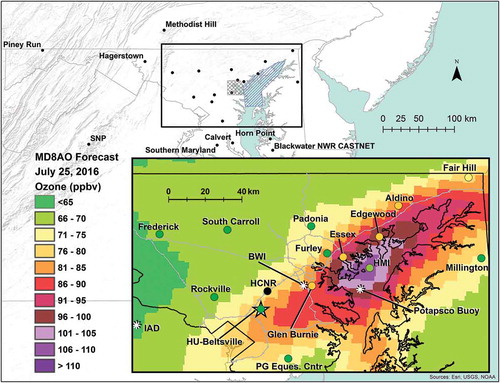 Figure 1. Map of the experimental domain and example CMAQ forecast model output compared to monitored concentrations. Background map: Large scale view of the region. Black dots are ozone monitors within the Maryland ozone network or specifically mentioned through the text, annotated with names when outside the inset map region. The gray cross-hatched area defines the southern Baltimore NOx heavy region mentioned in the text. The Northern Chesapeake Bay (NCB) referred to in the text is defined by the blue hatched area. The study domain and inset map area are defined by the black rectangle. Inset Map: The Maryland ozone monitoring network (circles) are colored by observed maximum daily 8-hour average ozone (MD8AO, ppbv) superimposed on forecast MD8AO from the NOAA operational CMAQ model, 7 am (1200 UTC) run (contoured colors, ppbv) on July 25, 2016. Radar Wind Profilers (RWP) are labeled with stars at collocated monitors. Gray lines are major interstates. Ozone is not measured at the HCNR site (black shading). Forecast MD8AO at Hart-Miller Island (HMI) was 107 ppbv on July 25, 2016 but instrumentation observed 70 ppbv, demonstrating the numerical prediction difficulties of ozone pollution over water, epitomizing the over-water ozone issue.