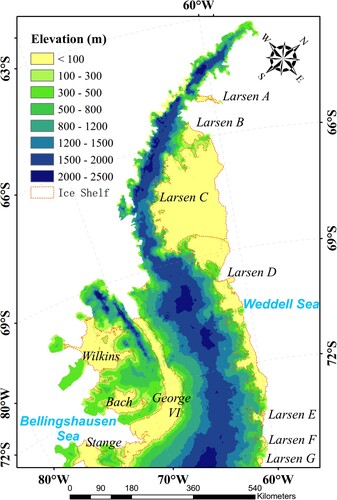 Figure 1. Location and elevation of ice shelves on the Antarctic Peninsula. The ASTER GDEM is provided by the National Snow and Ice Data Center with a resolution of 100 m. The ice shelves boundary is derived from the MODIS 2003-2004 Mosaic of Antarctica (Scambos et al. Citation2007), downloaded from the Natural Earth website.