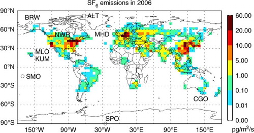 Fig. 2 Spatial distribution of SF6 emissions for 2006 and the locations of 9 NOAA ESRL SF6 observation sites (circles).