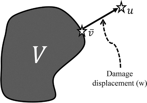 Figure 1. Damage displacement, w, can be represented pictorially as the difference between u, a map of estimated displacements and V, the set of displacement maps that can be estimated in healthy tissue.