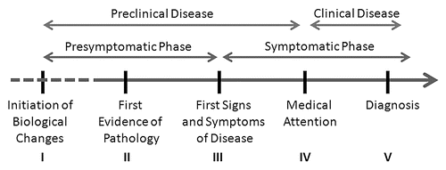 Figure 1 Model of the natural history of AD. Timeline from presumptive start of AD through patient diagnosis is plotted. The initiation of biological changes (stage I) marks the onset of disease and begins years to decades before any evidence is apparent (represented by dashed lines). At some point the first pathologic evidence of disease (stage II) begins and in theory can be detected with biomarkers such as CSF measurements of amyloid and tau or PET imaging with amyloid ligands. Subsequently, the first signs and symptoms of disease develop (stage III) followed by the patient seeking medical attention (stage IV) and finally a diagnosis is established (stage V). This timeline can be clustered into a presymptomatic phase (stages I–III) and a symptomatic phase (stages III–V). An alternative way to envision the disease spectrum is from the biological onset to the seeking of medical attention (stages I–IV) as the preclinical phase of disease with the clinical phase beginning with the initial clinical investigations into the cause of the patients' symptoms (stages IV and V). Stage III is the ideal time for dementia screening.