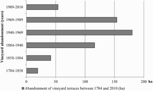 Figure 5. Abandonment of vineyard terraces between 1784 and 2010.