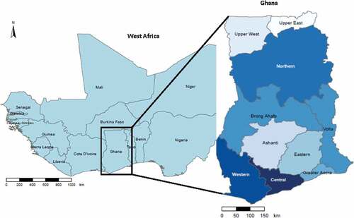 Figure 1. Map of West African sub-region showing the location of Ghana (shapefiles from MapCruzin.com).