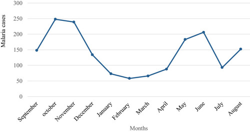 Figure 6 Trend of malaria cases by months in Addis Zemen Health center, North west Ethiopia, (2015/16–2019/20).