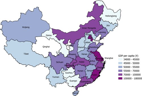 Figure 1. Income per capita in China’s provinces, 2019.Source: Authors’ elaboration based on NBS (Citation2022).