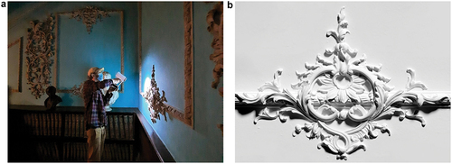 Figure 5. (Left): handheld 3D scanning of plaster ornaments in Powderham Castle. figure 5b (right): digital model of plaster ornaments built from 3D scanned data.