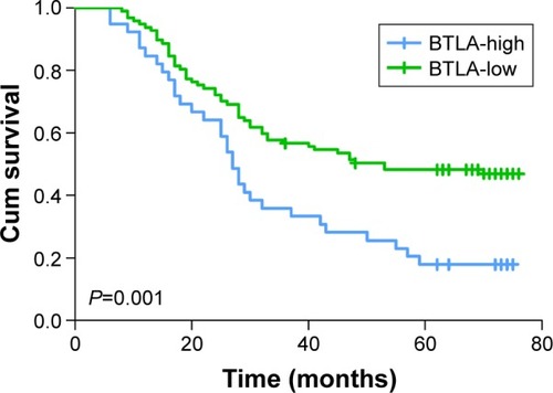 Figure 2 Kaplan–Meier curves of OS based on BTLA expression in patients with gastric cancer.