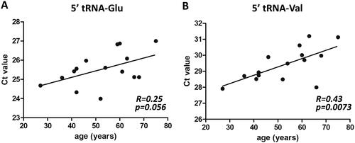 Figure 3. Negative correlation between tRF levels and age in PsA patients. Spearman’s correlation analysis revealed weak correlations between the levels of ­circulating 5′ fragments of (A) tRNA-Glu-CTC and (B) tRNA-Val-CAC-AAC and age (in years) in patients with PsA.