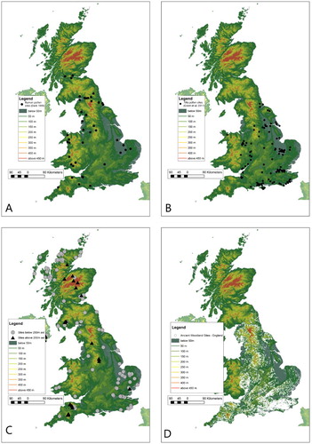 Figure 1. Distribution of (A) pollen sites covering the Roman period in Britain, after Dark (Citation1999). (B) Distribution of pollen sites with evidence of the ‘lime decline’ in Britain after Grant, Waller, and Groves (Citation2011). (C) Pollen sites in Britain contained in the European Pollen Database. (D) Ancient Woodland sites in the England.