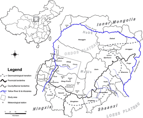 Figure 1. Location of the study area and distribution of the meteorological stations. The basic administrative unit shown in this figure in Inner Mongolia is Banner, which is similar to the unit “County” in other provinces. The location of meteorological stations are marked by a circle.