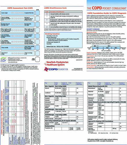 Panel B. 6-panel version, generic (front and back). This version adds details on the mMRC and CAT symptom scores, specific information on medications commonly used to treat COPD and information relating to smoking cessation.