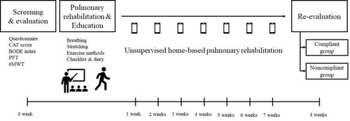 Figure 1 Study design for unsupervised home-based pulmonary rehabilitation. Baseline measurements were obtained after enrolling eligible patients. The patients performed unsupervised home-based pulmonary rehabilitation after receiving 1-h education on it at baseline. The patients were called weekly and encouraged to achieve home-based pulmonary rehabilitation and maintain diaries of recordings. After 8 weeks, patients were categorized as either the compliant or noncompliant group, and measurements were analyzed for outcomes.
