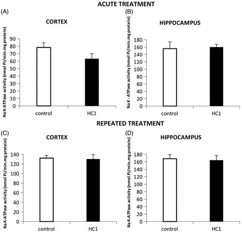Figure 3. Effects of HC1 (360 mg/kg, p.o.) acute treatment (a single administration) on Na+, K+ ATPase activity in the cerebral cortex (A) and in the hippocampus (B) of mice submitted to swimming session. Panels C and D shows the effects of HC1 (360 mg/kg, p.o.) repeated treatment on Na+, K+ ATPase activity in the cerebral cortex and in the hippocampus of mice submitted to swimming session. Results expressed as mean ± SEM (t-test).